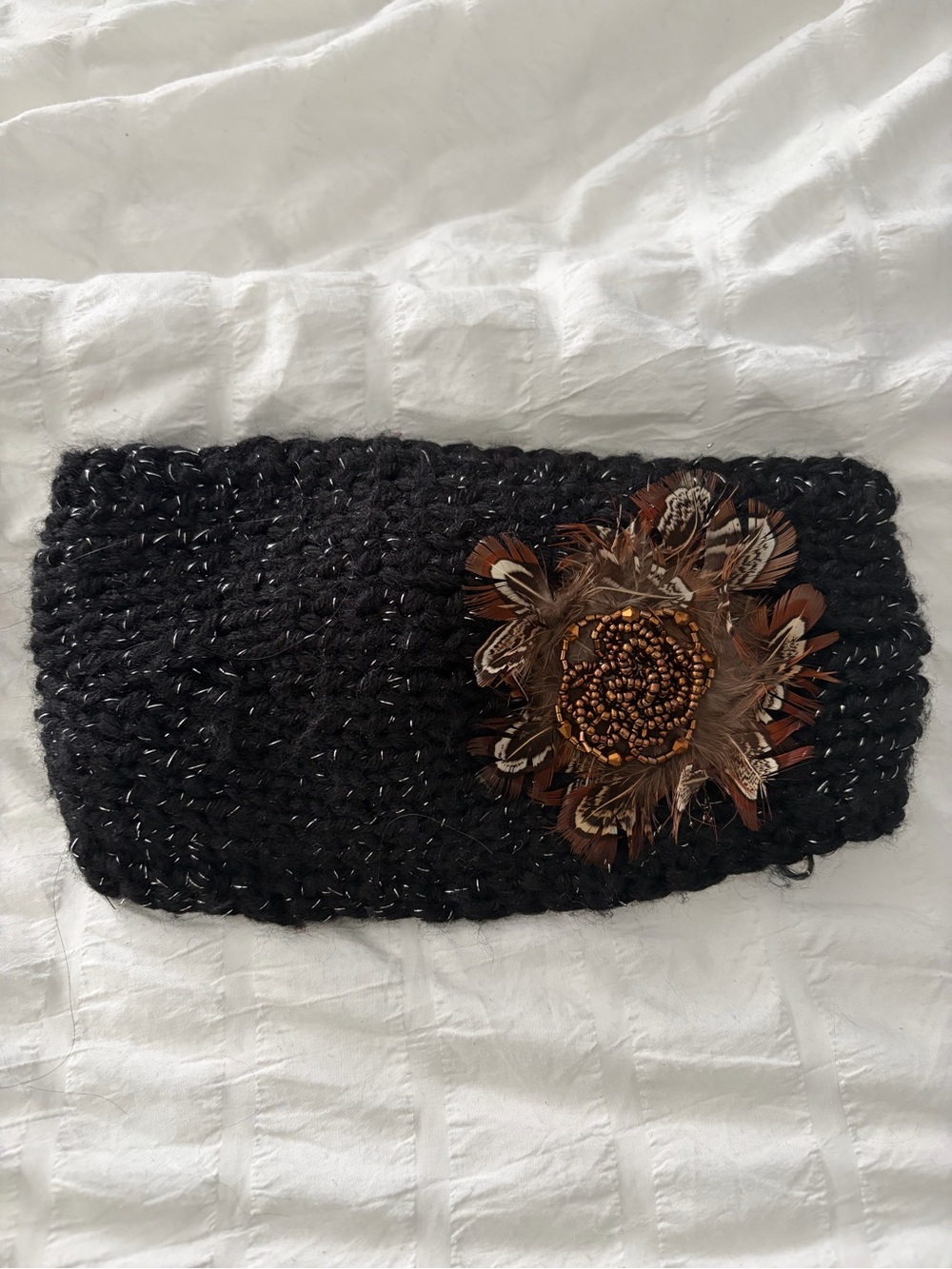 D&Y Black Knit Headband with Brown Feather & Bead Flower